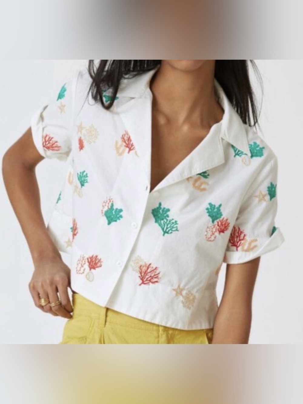 Maeve White Shirt with Coral Embroidery
